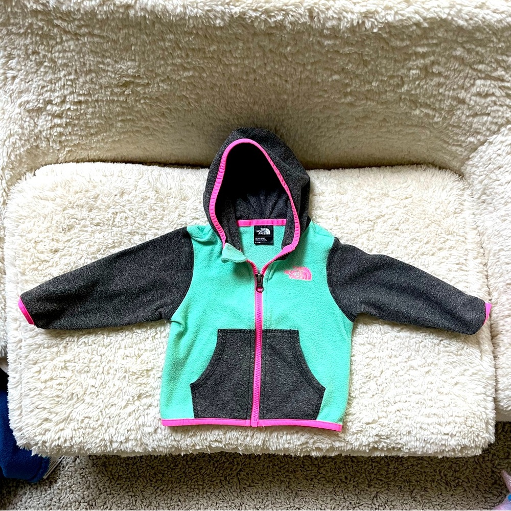 The North Face Kids Hoodie - Mint Green and Charcoal Gray with Pink Trim